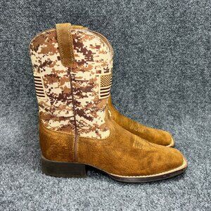Ariat Patriot Cowboy Boots Boy's 3 Tan Suede Camo Canvas USA Square Toe Western